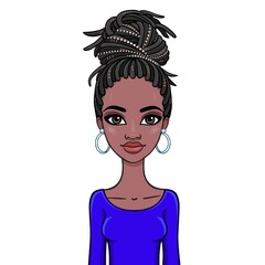 Animation portrait of a young African woman with dreadlocks. Template for use.  Vector illustration isolated on white background.