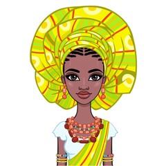 Animation portrait of a young African woman in a turban and ethnic jewelry. Template for use.  Vector illustration isolated on white background.