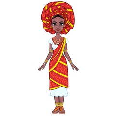 Animation portrait of a beautiful African woman in a turban and ethnic clothes. Full growth. Vector illustration isolated on white background.