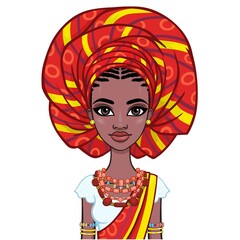 Animation portrait of a young African woman in a turban and ethnic jewelry. Template for use.  Vector illustration isolated on white background.