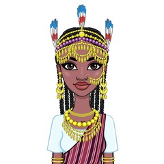 African beauty: animation portrait of the beautiful black woman in a traditional ethnic jewelry. Princess, Bride, Goddess.Vector illustration isolated on a white background. Print, poster, t-shirt