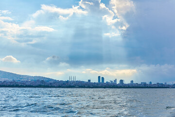 Naklejka na ściany i meble Evening boat trip along the Bosphorus. Panorama of Istanbul view from the ferry