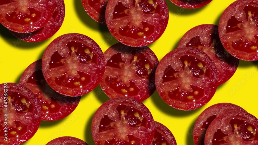 Poster two layers of tomato slices are arranged in a geometric pattern on a yellow background. a seamless l