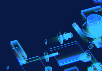 Fototapeta premium Cyber blue isometric neon city virtual reality background. Abstract technology innovation future digital background. 3d rendering.