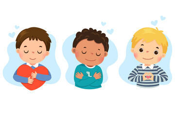Set of vector illustration cartoon of little boys hugging themself. Self love, self care, positive, happiness concept. - 443266686
