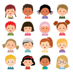 Set of kids faces, avatars, children heads different nationality in flat style. - 443267460