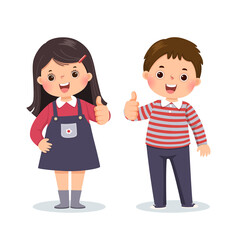 Obraz premium Vector illustration cartoon of a little boy and girl showing thumbs up with cheerful expression.