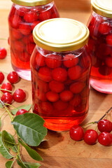 Cherry compote, sour cherries compote, jar of fruit.