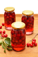 Cherry compote, sour cherries compote, jar of fruit.
