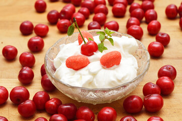 Cherry desert, sour cherries compote, jar of fruit.