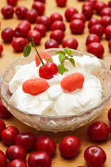 Cherry desert, sour cherries compote, jar of fruit.