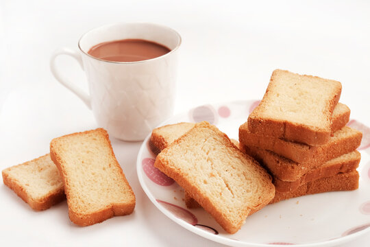 Crunchy Rusk, Cake Rusk or Toast, Traditional biscuit plate with tea, toasts for breakfast.