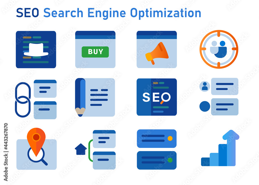 Poster seo search engine optimization icon set of white hat buy icon user target link building backlink loc