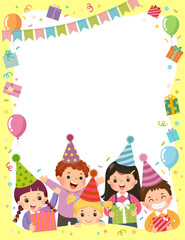 Obraz na płótnie Canvas Template is ready for invitation for birthday party card with group of kids holding gift boxes.