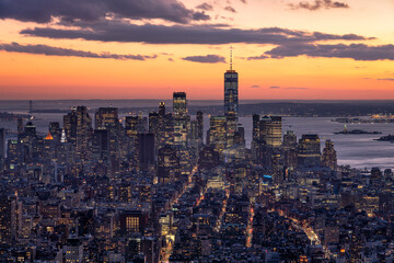 Lower Manhattan skyline at sunset, New York City, USA