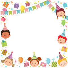 Template is ready for invitation or birthday party card with kids and gift boxes.