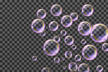 Flying transparent soap bubbles on checkered background.