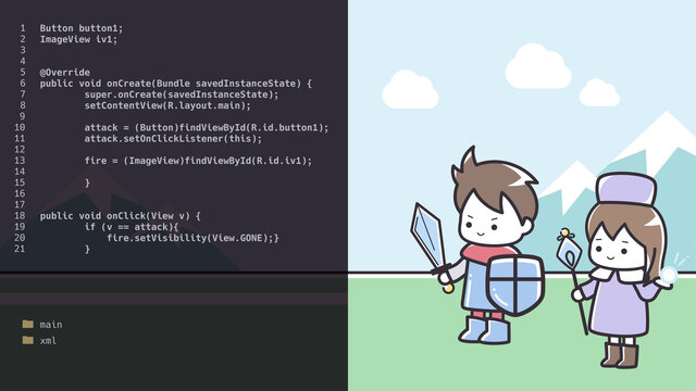 ゲームをプログラミングするイメージのイラスト_16:9