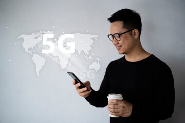 5G High speed internet network communication, man using mobile smartphone