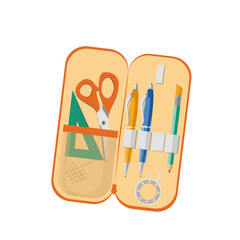 School pencil case with pens, pencil, ruler and scissors, isolated on a white background. Vector illustration in cartoon style. Office supplies