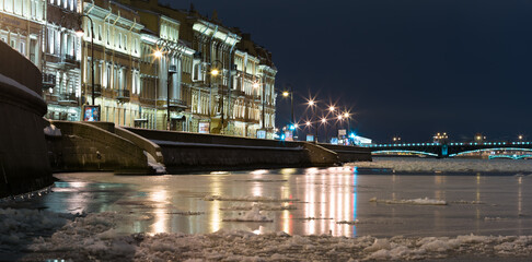 Rivers and canals of St. Petersburg on a winter night, Russia.