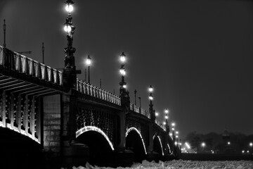 Rivers and canals of St. Petersburg on a winter night, Russia.