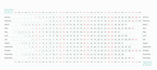 2022 Calendar in English on white. Linear calendar of 2022 year. 12 months line by line. Horizontal Stock vector template. Poster