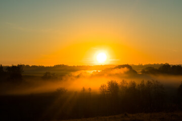A beautiful landscape of a misty morning during summer. Summertime scenery of Northern Europe.