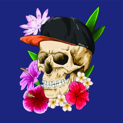 cool skull withcap and flowers design vector illustration for use in design and print poster canvas
