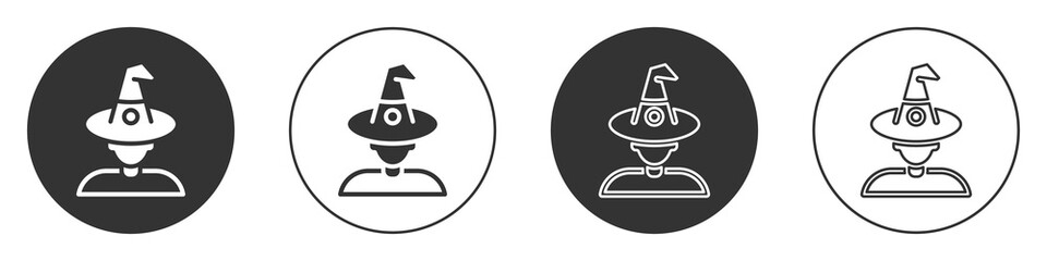 Black Witch icon isolated on white background. Happy Halloween party. Circle button. Vector