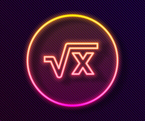 Glowing neon line Square root of x glyph icon isolated on black background. Mathematical expression. Vector