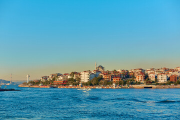 Muslim mosque in Turkey. View from the Bosphorus. Istanbul architecture
