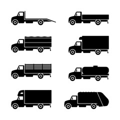 Truck icon set. Black silhouette. Front view. Vector simple flat graphic illustration. The isolated object on a white background. Isolate.