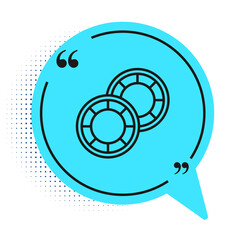 Black line Casino chips icon isolated on white background. Casino gambling. Blue speech bubble symbol. Vector