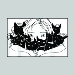 cute cat mom artwork girl hugging many black cats design vector illustration for use in design and print poster canvas