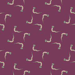 Decorative seamless pattern with geometric style snakes ornament. Purple background. ABstract style.
