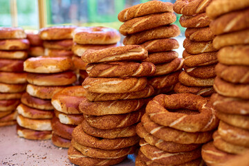 A counter filled with simit bagels, a popular street food in Turkey