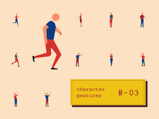 Character design, gestures, different sitting people with computer and mobile phone, running, walking, talking, and shaking hands
