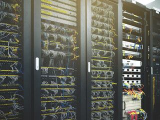 Telecommunication server room rack unit closeup