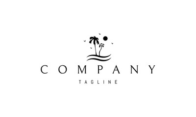 Vector logo on which an abstract image of two palm trees on the waves with seagulls in the background.