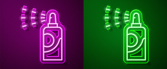 Glowing neon line Spray can for hairspray, deodorant, antiperspirant icon isolated on purple and green background. Vector