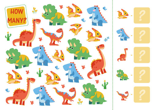 Count how many dinosaurs. Mini math how many game for preschoolers and kindergarten. Cartoon Vector Illustration of Education Counting Game for Preschool Children