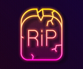 Glowing neon line Tombstone with RIP written on it icon isolated on black background. Grave icon. Happy Halloween party. Vector
