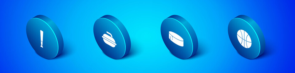 Set Isometric Baseball bat, Hockey puck, Basketball and Stone for curling sport game icon. Vector