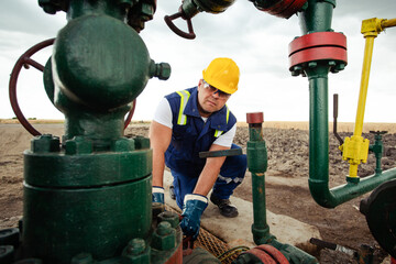 Oil worker is turning valve on the oil pipeline. Oil and Gas Industry. 