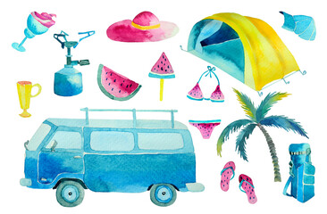 Drawn set by watercolor. Camping. Drawn summer travel items. Palm, old bully. Illustration on the theme of vacation.