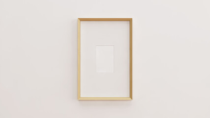 Modern vertical mockup picture frame. Single empty mockup frame hanging on a white wall. 3d Illustration.