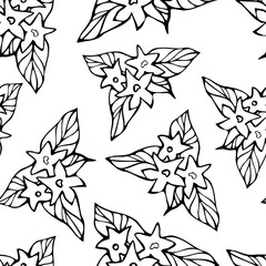 Seamless vector pattern lined tropical leaves and flowers lined ornament black and white line art