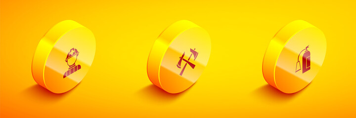 Set Isometric Firefighter, axe and extinguisher icon. Vector