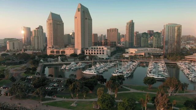 Aerial: San Diego Bay and city skyline at sunset. San Diego, California, USA